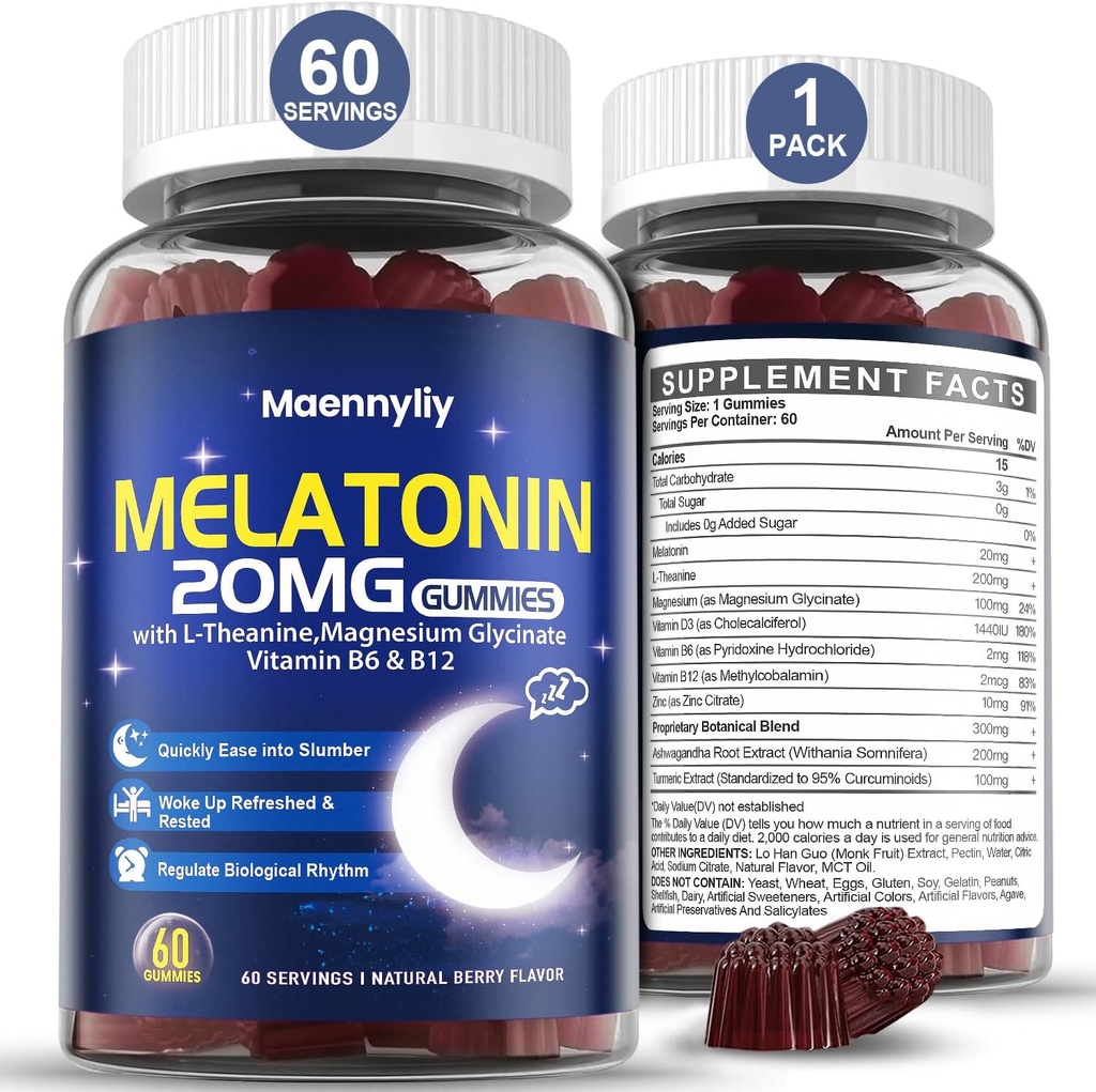 大人のためのMelatonin 20mgのガミー-砂糖はL-テアニン、マグネシウム、アシュワガンダ、ターメリック、D3及び亜鉛-非ウサギの形成と余分強さを放します