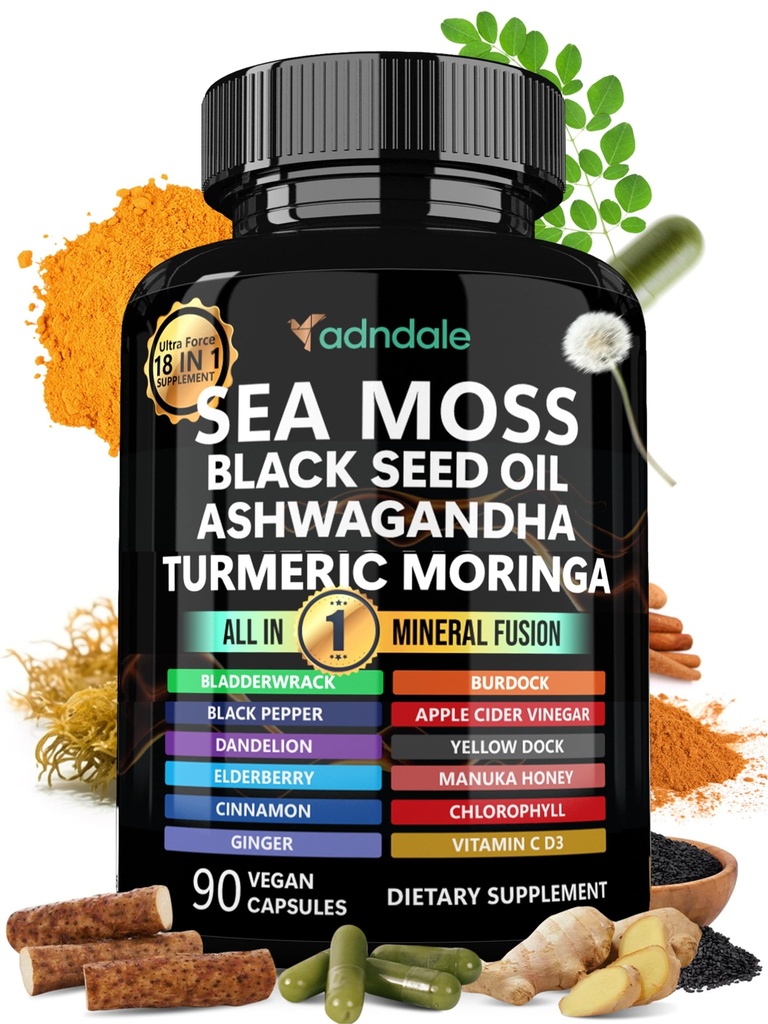 Adndale 海の苔の黒の種のオイルの Ashwagandha のジンジャーのカプセル。 SeaMosssのカプセルは黒い種のオイル、Ashwagandha、Turmeric、Moringa、Bradderwrack、Burdockの根、Mangaの蜂蜜、Cannamonと鳴ります