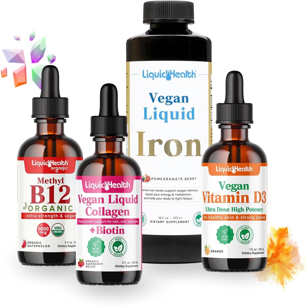 LIQUIDHEALTHビーガン毎日のエッセンシャルビタミンB12ドロップ、ビーガン液体コラーゲン+ビオチン、液体鉄、ビタミンD3ドロップ - 100%植物ベースのビタミンサプリメント、米国製