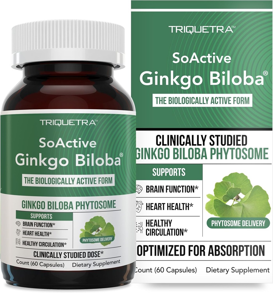 SoActive Ginkgo Biloba with GinkgoSelect® Phytosome | Clinically Studied Enhanced Absorption for Brain, Heart & Memory Support – 180 mg – Helps Maintain Circulation & Cognitive Health (60 Capsules)