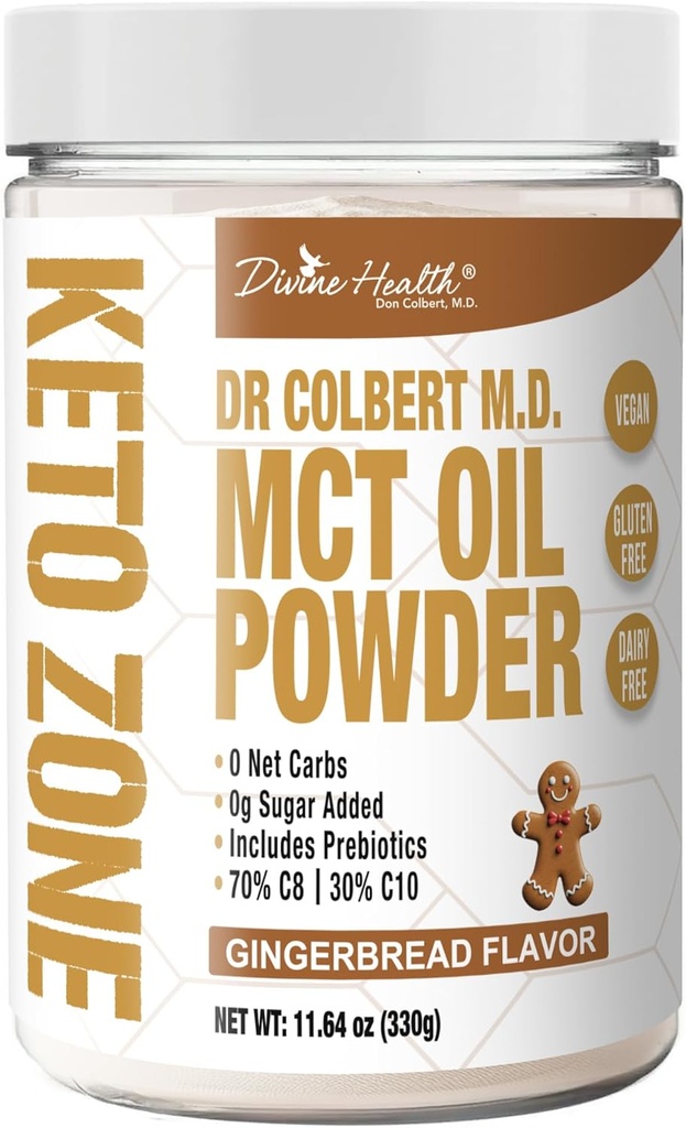 Divine Health Keto Zone® MCT Oil Powder | Gingerbread | 330 G | 30 Day Supply | Dr. Colbert's Keto Zone Diet Book | Coffee Creamer | 70% C8 30% C10 | 0 Net Carbs