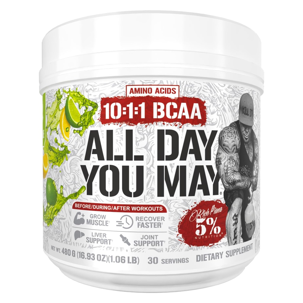 5%栄養豊富なPiana AllDayYouMay BCAAパウダー | プレミアムイントラ&ポストワークアウトアミノ酸、水分補給、筋肉の回復、関節&肝臓サポート | 15.3 oz、30 サービング(レモンライム)