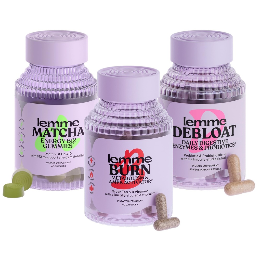 Lemmeバーン、Debloat&Matchaバンドル - Metabolism&ファットバーニングカプセル+ブロッティング&ガスリリーフカプセル+エネルギーB12ガミー - グルテンフリー、非GMO - 60カラット。 ea