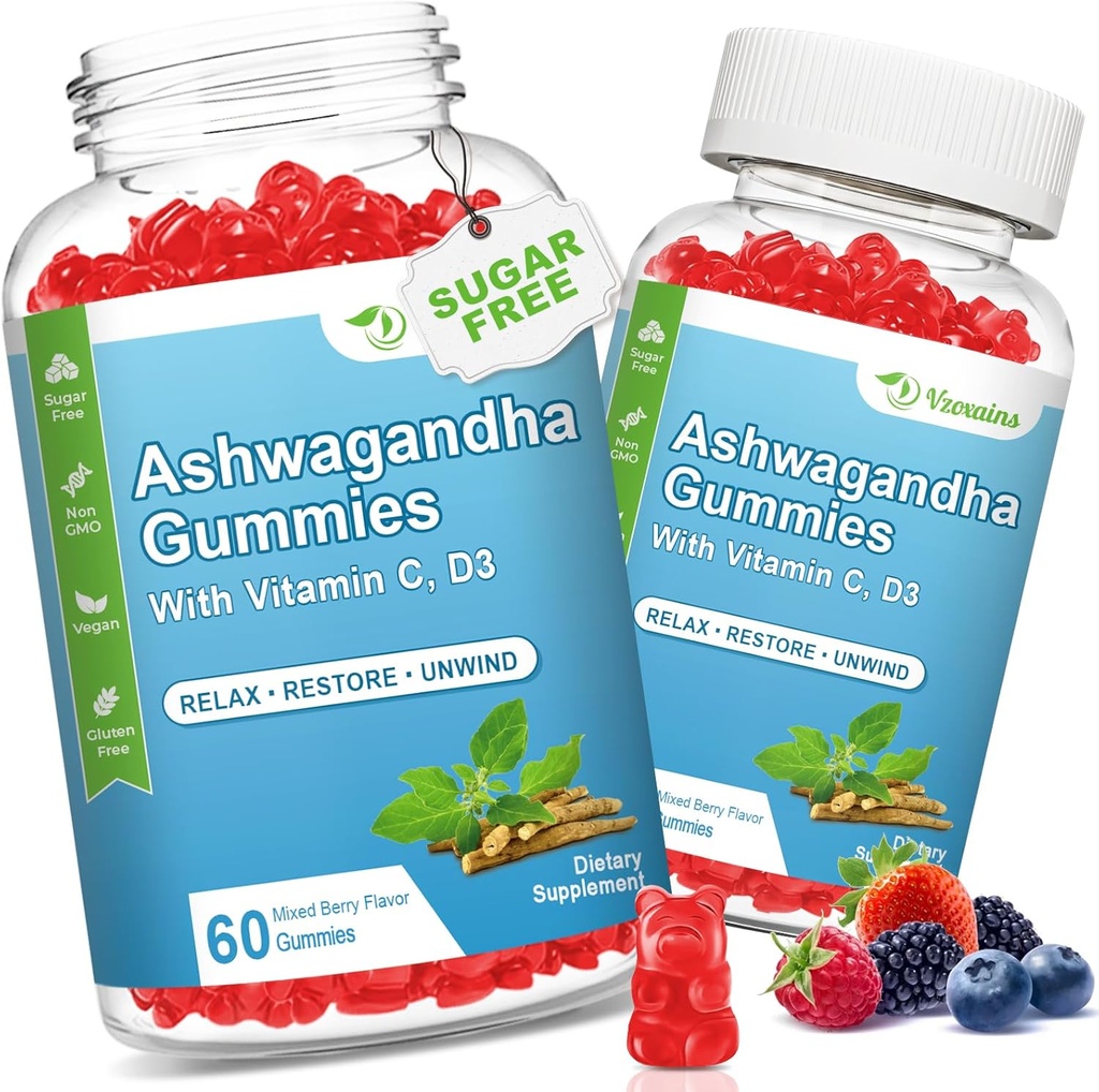 2 Pack Ashwagandha Gummies with Vitamin D for Women & Men, Sugar Free Vegan 1000MG Ashwagandha Supplement Gummy & Vitamin C, 120 Count