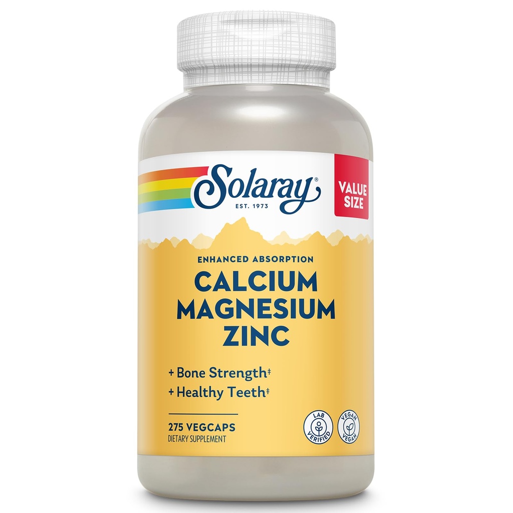 SOLARAYカルシウムマグネシウム亜鉛サプリメント - カルシウム1000mg、マグネシウム500mg - 骨の健康、筋肉機能、心の健康と免疫サポート - ビーガン、60日保証、68のサービング、275ベジキャップ