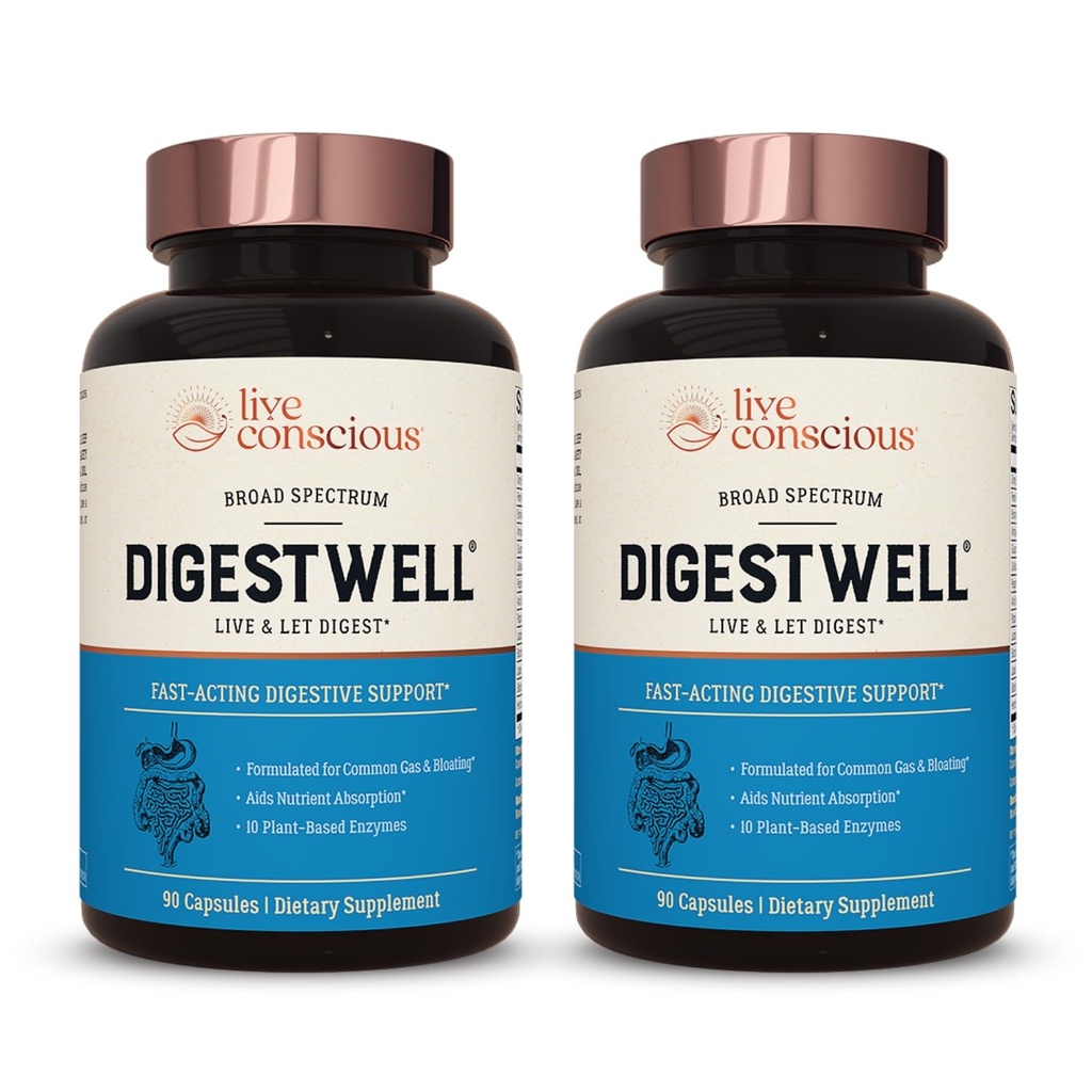 Live Conscious DigestWell Immediate Support - Fast-Acting Digestive Support | Broad Spectrum Enzyme, Probiotic & Herbal Formula - Decreases Everyday Gas & Bloating - 90 Capsules (2-Pack)