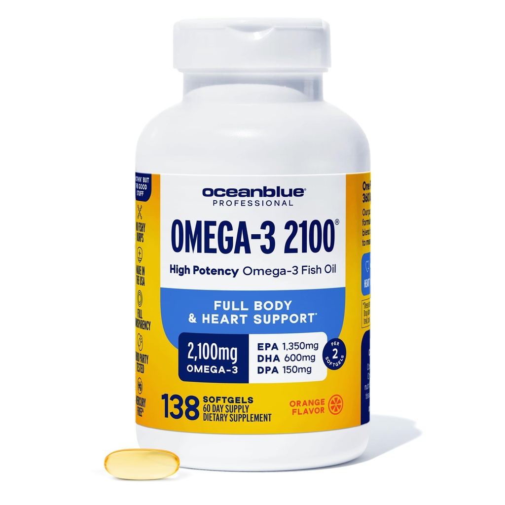 Oceanblueの専門の三重の強さのオメガDPAの魚油は2100mg、高い効力EPA DHA、ワイルド キャッチ、バープレス、69のサービング(138の計算の自然なオレンジ味)を補います