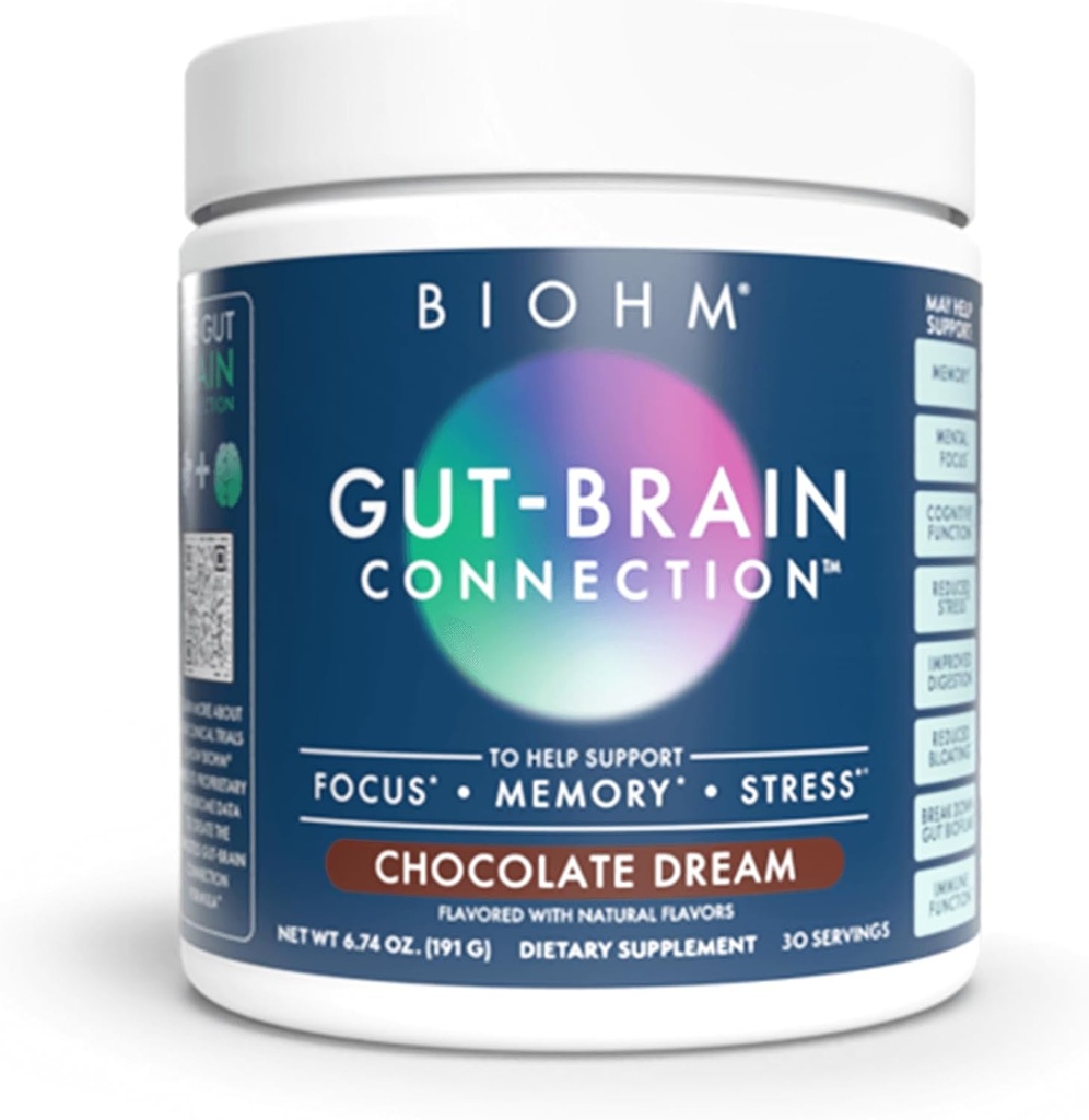 BIOHM Gut-Brain接続メモリ&フォーカスサプリメント(6.74 Oz、30サービング)は、Gut健康と認知ウェルビーイングをサポートし、気分、プロバイオティクス、ライオンのマネ&バコパモンネリ、チョコレートフレーバーを強化するのに役立ちます