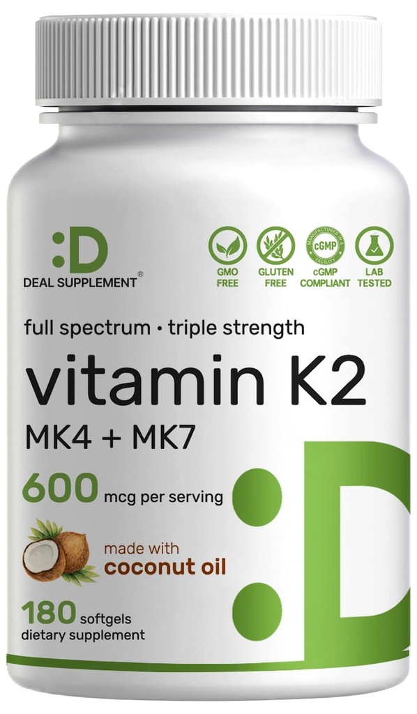DEAL SUPPLEMENT ビタミン K2 サプリメント 600mcg, 180 ココナッツオイル Softgels | フルスペクトラム 高吸収 MK-7 & MK-4 フォーム | 骨, 関節, 免疫サポート – 非GMO