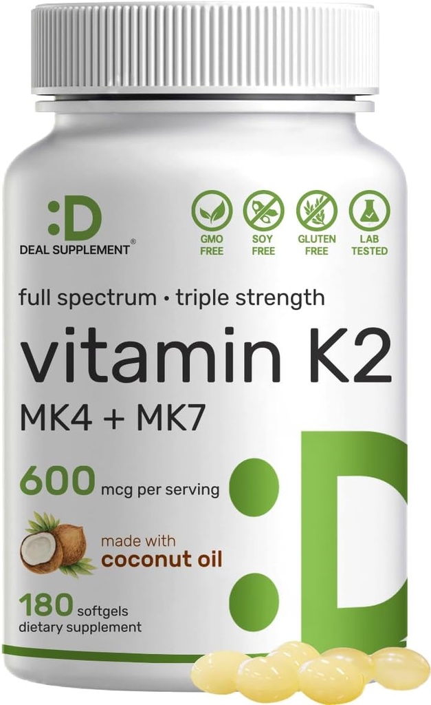 DEAL SUPPLEMENT Vitamin K2 Supplement 600mcg, 180 Coconut Oil Softgels | Full Spectrum High Absorption MK-7 & MK-4 Forms | Bone, Joint, & Immune Support – Non-GMO