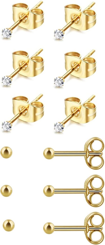 6Pairs 2mm/3mmの外科鋼鉄Hypoallergenicのピアスのスタッド、20G 14Kの実質の金の満たされた小さなスタッドのイヤリングは多数の穴のピアス(立方ジルコニア、真珠、球)のために置きます