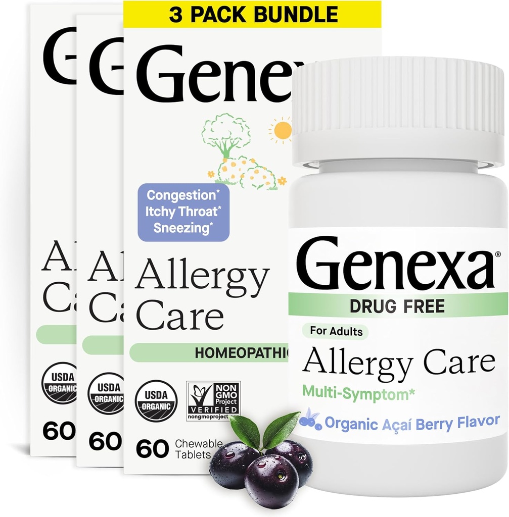 Genexa Allergy Care | 薬の無料・非眠気アレルギー・大人への絶滅の救済 | ヴィーガン&非GMO | 体外アレルギー救済 クリーンで作られた | オーガニックアサイベリー風味 | 180 ケブル錠