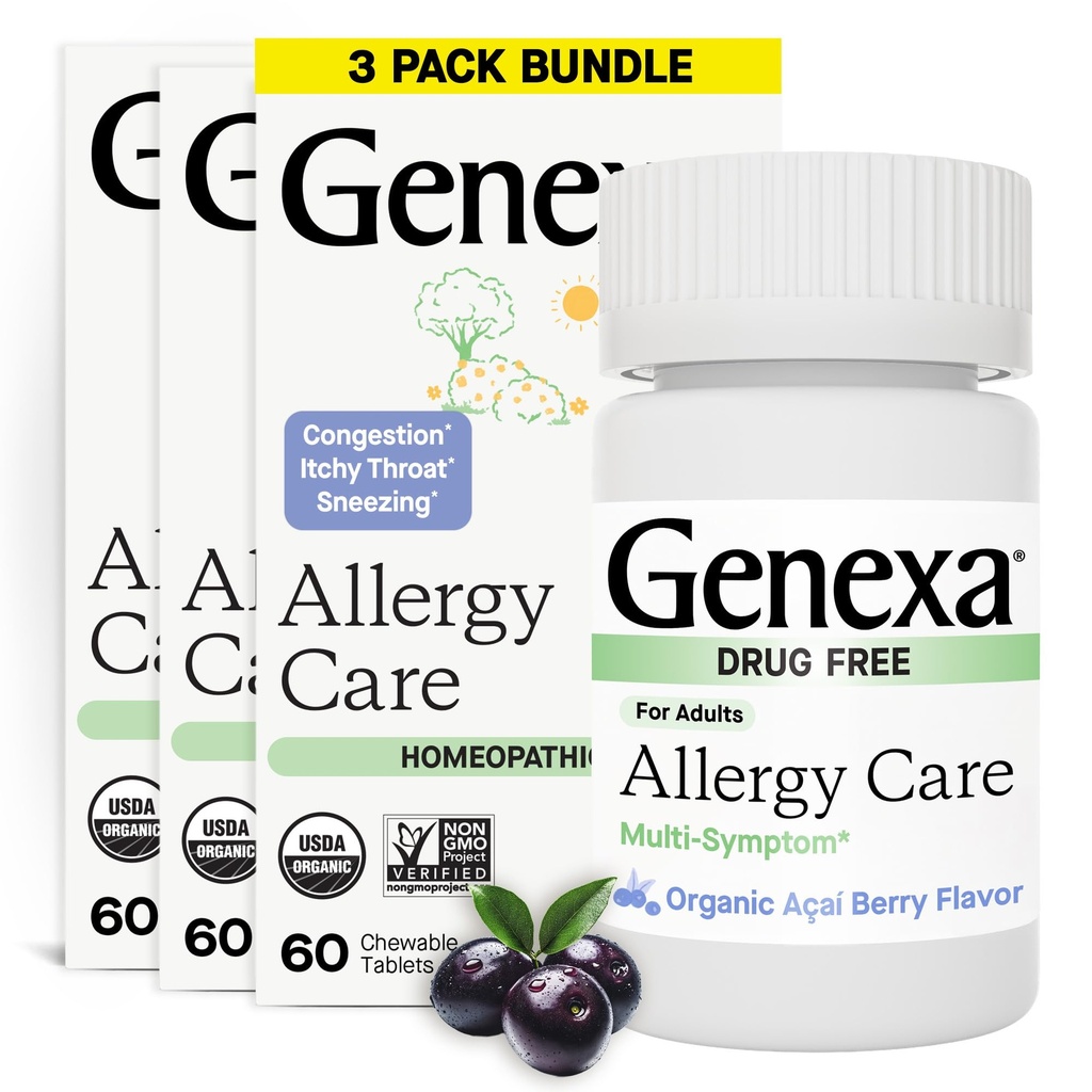 Genexa Allergy Care | 薬の無料・非眠気アレルギー・大人への絶滅の救済 | ヴィーガン&非GMO | 体外アレルギー救済 クリーンで作られた | オーガニックアサイベリー風味 | 180 ケブル錠