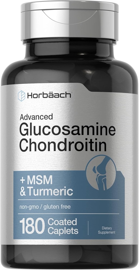 Horbäach Glucosamine Chondroitin | Plus MSM & Turmeric | 180 Coated Caplets | Non-GMO, Gluten Free Supplement
