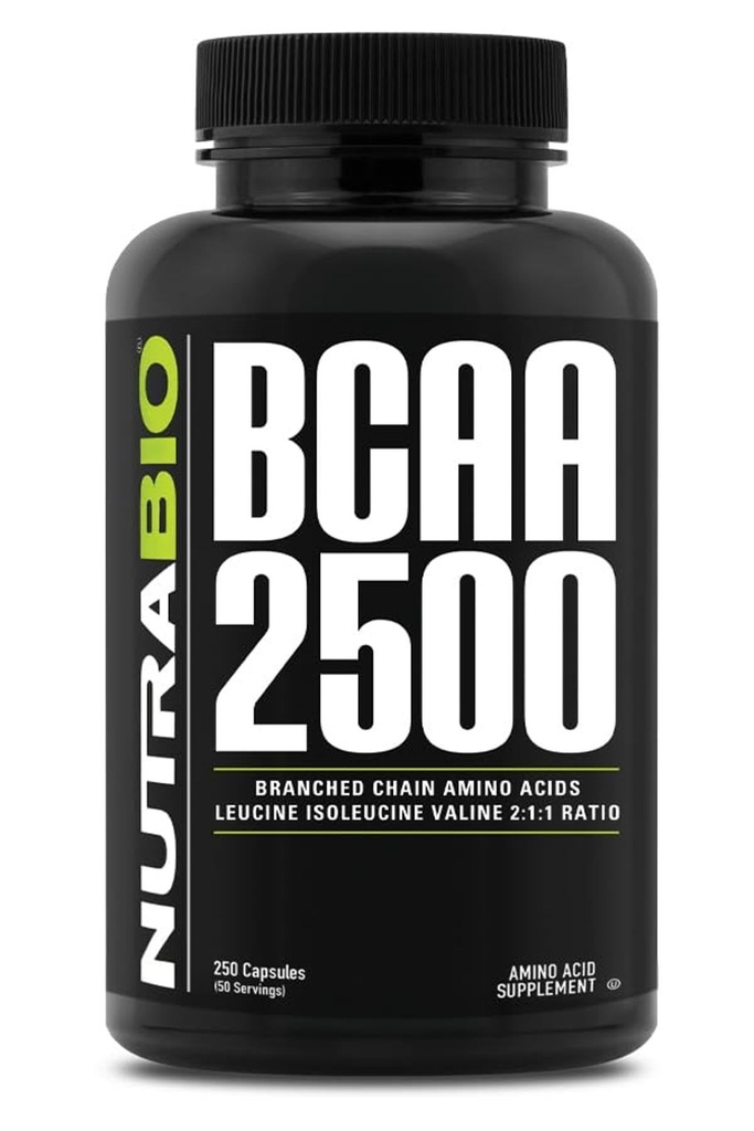 NutraBio – BCAA 2500 – チェーンアミノ酸を分岐 – 新しい筋肉の成長をサポートし、筋肉の故障を防ぐ – 250 カプセル