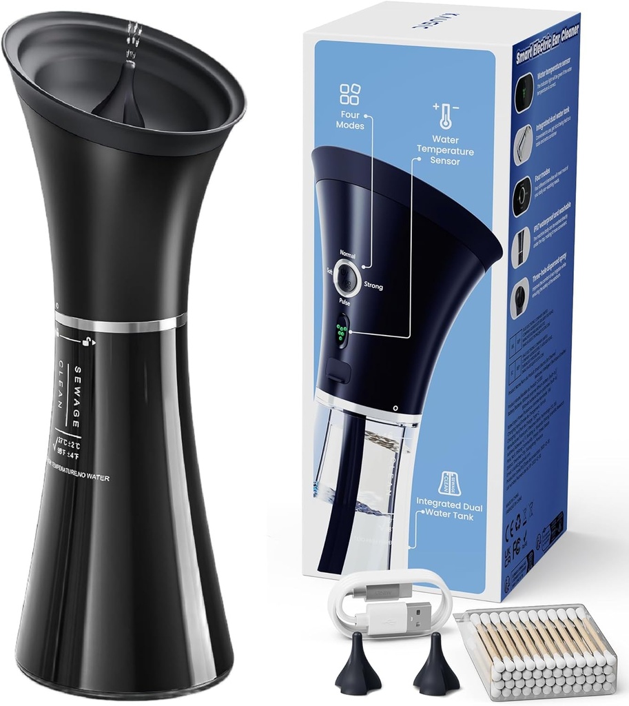 ワンピースの無駄タンク、水温センサー、有効な耳の潅漑のキット及びCケーブル、IPX7、黒へのUSB-Aが付いている改善された耳のワックスの取り外し