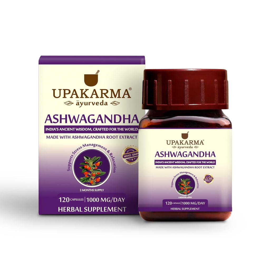 UPAKARMA Ashwagandha | 60 日の供給 | 純粋抽出物は、給餌ごとに 1000 mg を基づかせていました | ラボテスト済み, R&D 裏付け, 120 ビーガンカプセル, ストレス救助とエネルギーサポートのためのサプリメント