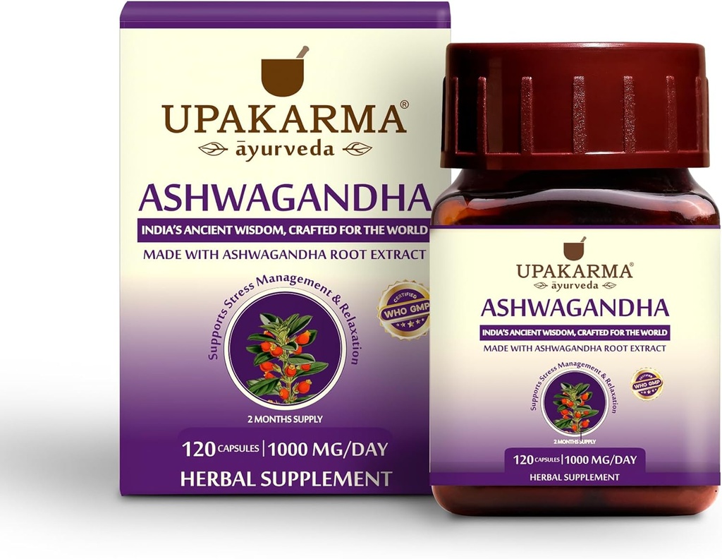 UPAKARMA Ashwagandha | 60 日の供給 | 純粋抽出物は、給餌ごとに 1000 mg を基づかせていました | ラボテスト済み, R&D 裏付け, 120 ビーガンカプセル, ストレス救助とエネルギーサポートのためのサプリメント