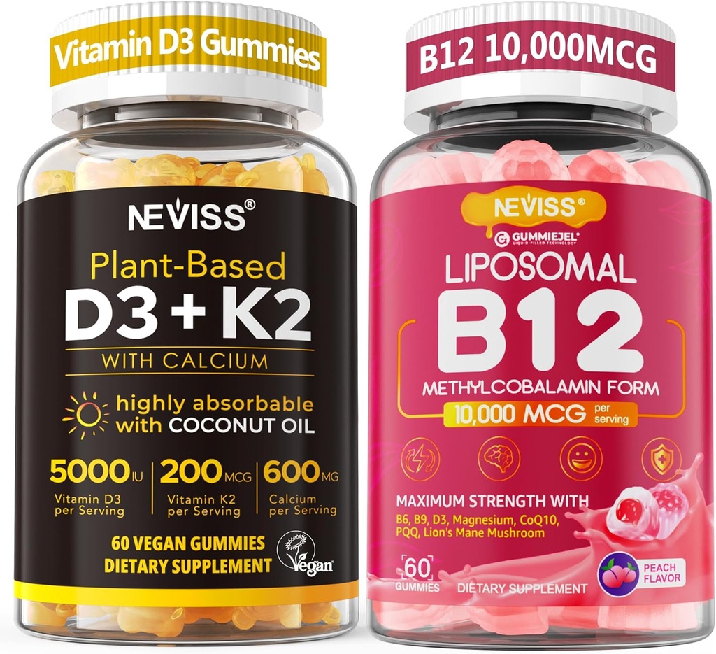 NEVISS 2パックのビタミンD3 5000iu及びK2 (MK7) 200mcg Gummies + 600mg Calcium + 1パックのLiposomalメチルB12 5000のmcg/10000のmcg