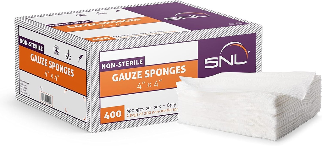 All-Purpose Gauze - 4" X 4" - 400の箱-SNLの質、非Sterile、乳液の自由な、Gauzeのスポンジ パッド、8つの層- (2x 200のパックの内部)、ファースト・エイド、美のアプリケーター、吸収性のドレッシングの包帯のための理想