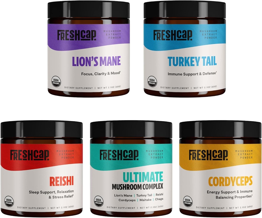 FreshCap Mushrooms Ultimate Mushroom Starter Kit (Cordyceps, Lion's Mane, Turkey Tail, Reishi and The Ultimate Mushroom Complex) 60 Servings