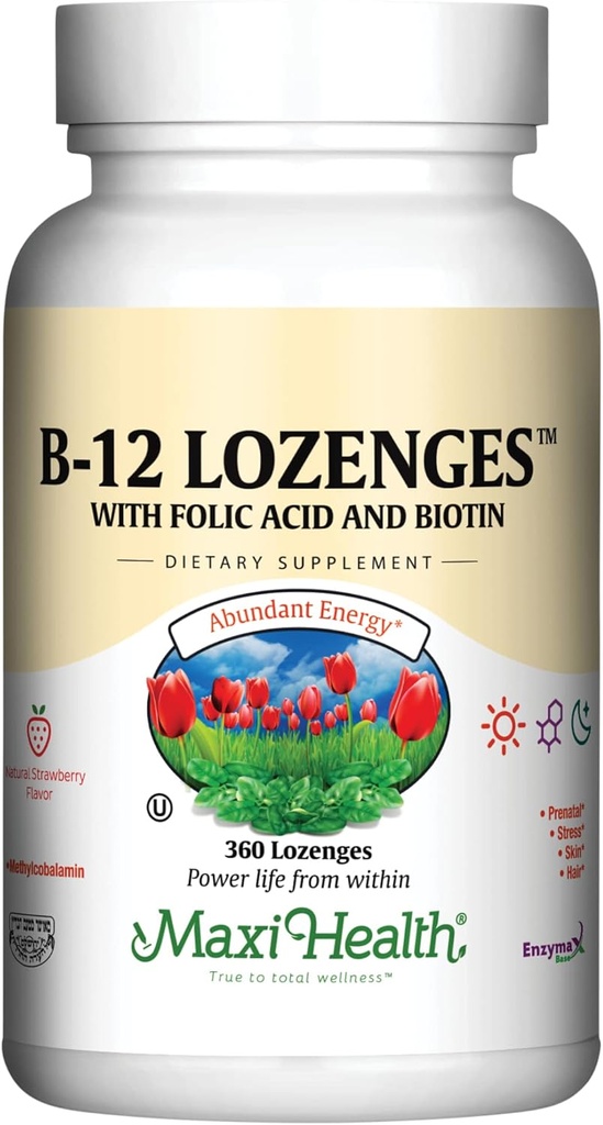 Maxi Health Vitamin B12 Lozenges with Folic Acid and Biotin - Sublingual B12 Vitamins Strawberry Flavor - Vegetarian Kosher B 12 Vitamin for Red Blood Cell Production and Energy (360 Count)