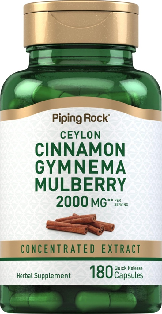 パイピングロックシーナモンジムネマ桑コンプレックス | 2000mg | 180カプセル | ハーブサプリメント | 濃縮エキス | 非GMO、グルテンフリー