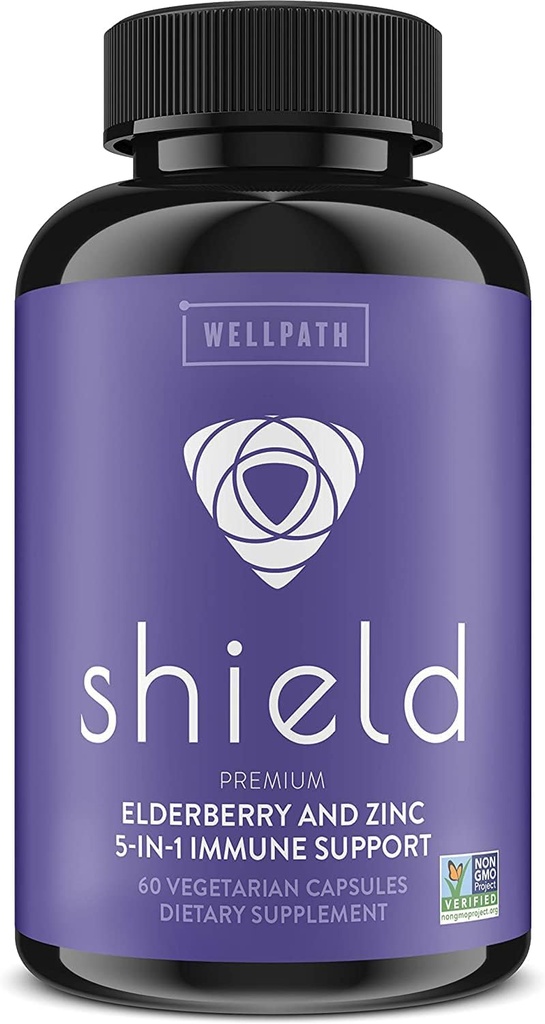 WellPathの盾のエルダーベリーのカプセル-亜鉛、ビタミンC、Echinacea、蜂のプロポリスが付いている5イン1免疫サポート ブースター-大人のための600のmgのサムブカスの黒のエルダーベリーの丸薬- 60 Ct