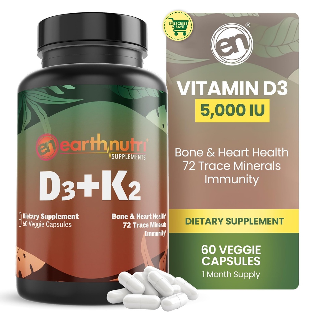 EarthNutriビタミンD3 K2サプリメント5000 IU - MENA Q7、VitashineのD3、Aquaminと72 Traceミネラルからのカルシウム - 免疫、骨、心の健康のために - 非GMO - 60ベジーカプセル
