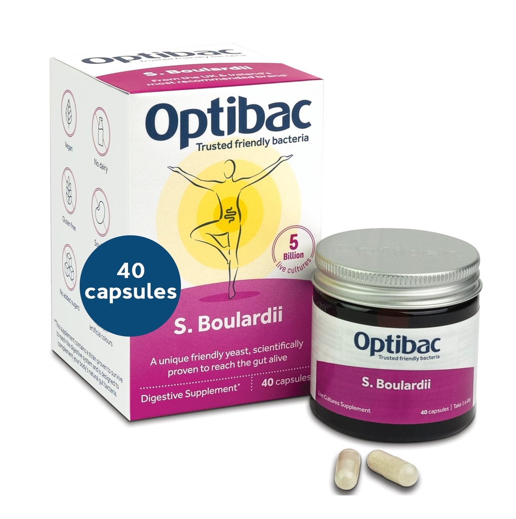 Optibac Probiotics Saccharomyces Boulardii - ビーガン科学的に実証済みの消化プロバイオティックサプリメント、5億CFU - 40カプセル