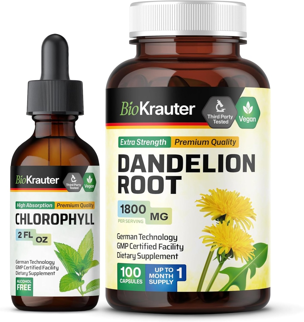 BIO KRAUTER Chlorophyll Tincture 2 Fl. Oz. & Dandelion 100カプセル