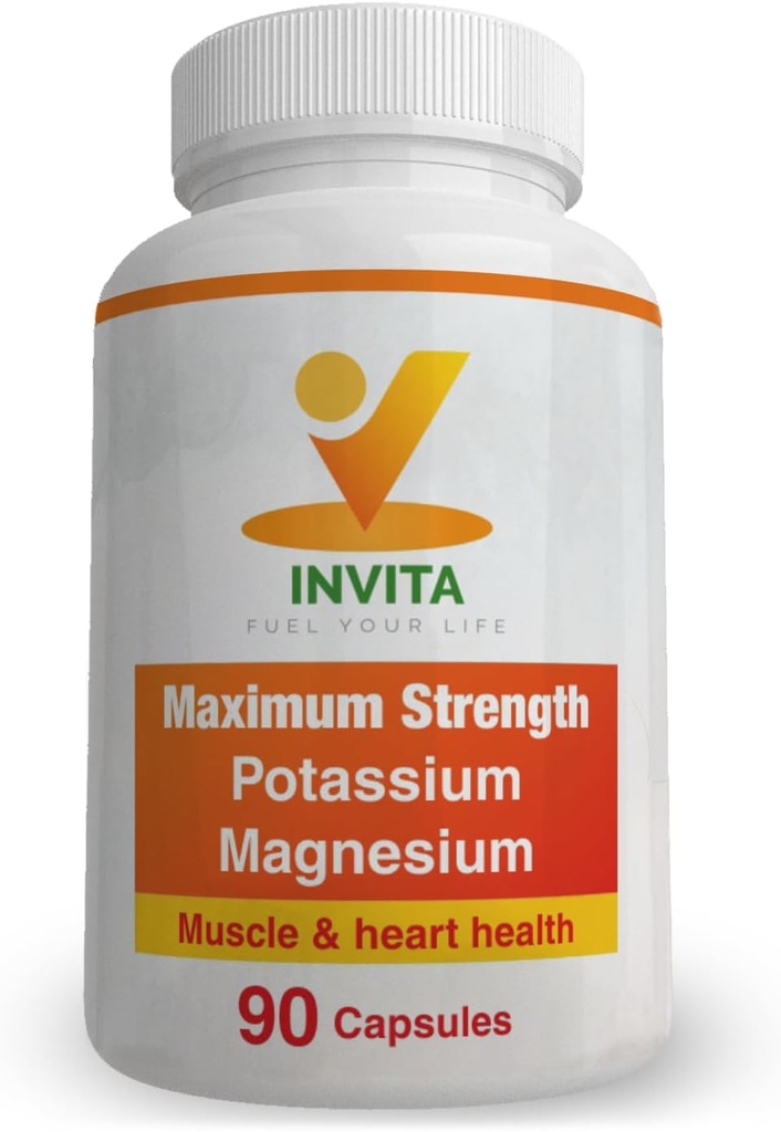 Invita Potassium Magnesium Supplement (90 Capsules) High Absorption Potassium Magnesium Complex with Aspartate & Chloride - Supports Cardiovascular, Muscles & Nerve Health - Non GMO & Gluten Free