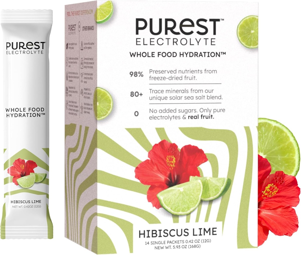 Know Brainer Purest Electrolyte Hibiscus Lime Powder Packets – Whole Food Hydration - Organic Freeze-Dried Fruits and Solar Sea Salts for Ultimate Electrolyte Balance