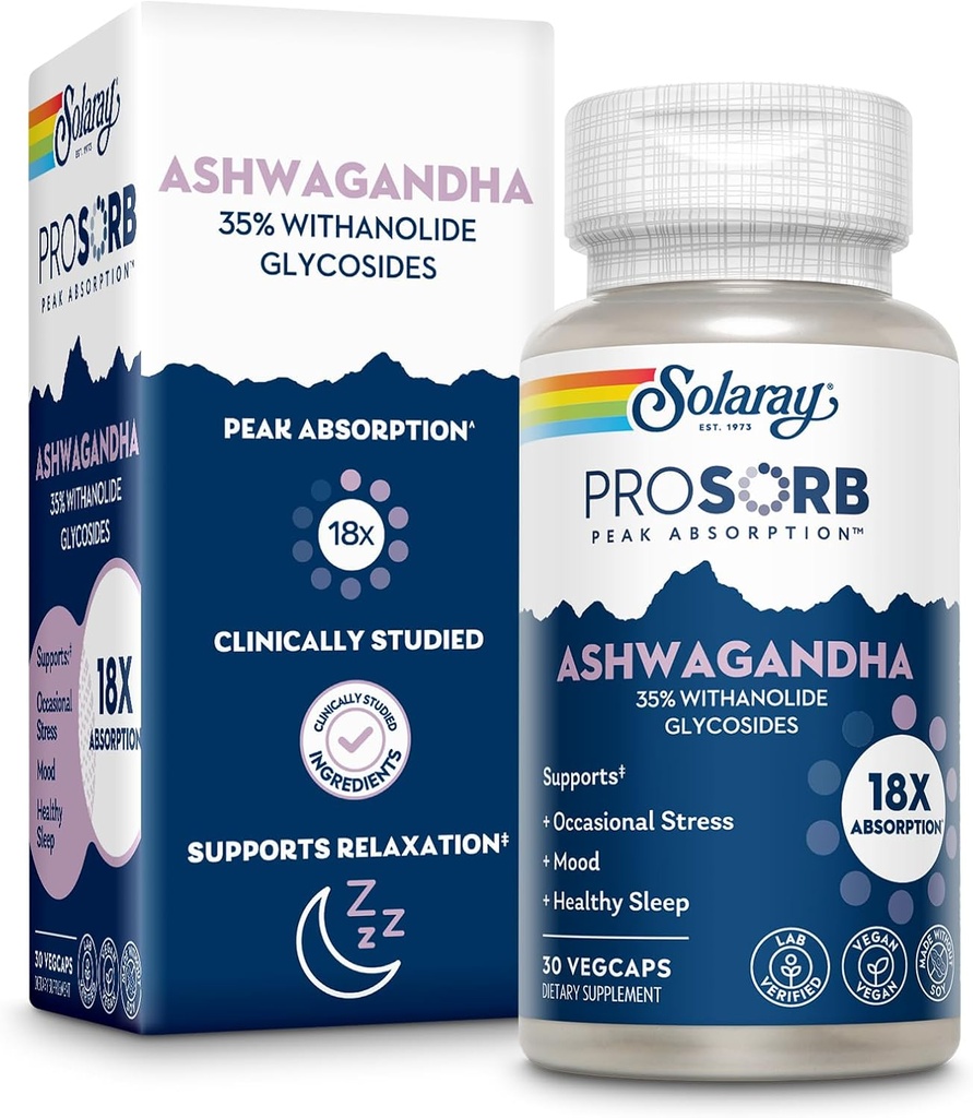 SOLARAY Ashwagandhaカプセル18X吸収 - Ashwagandhaの根および葉のエキス240のmg - 機会応急処置および気分のサポートの補足 - ビーガン、60日の保証 - 30のサービング、30のVegeCaps