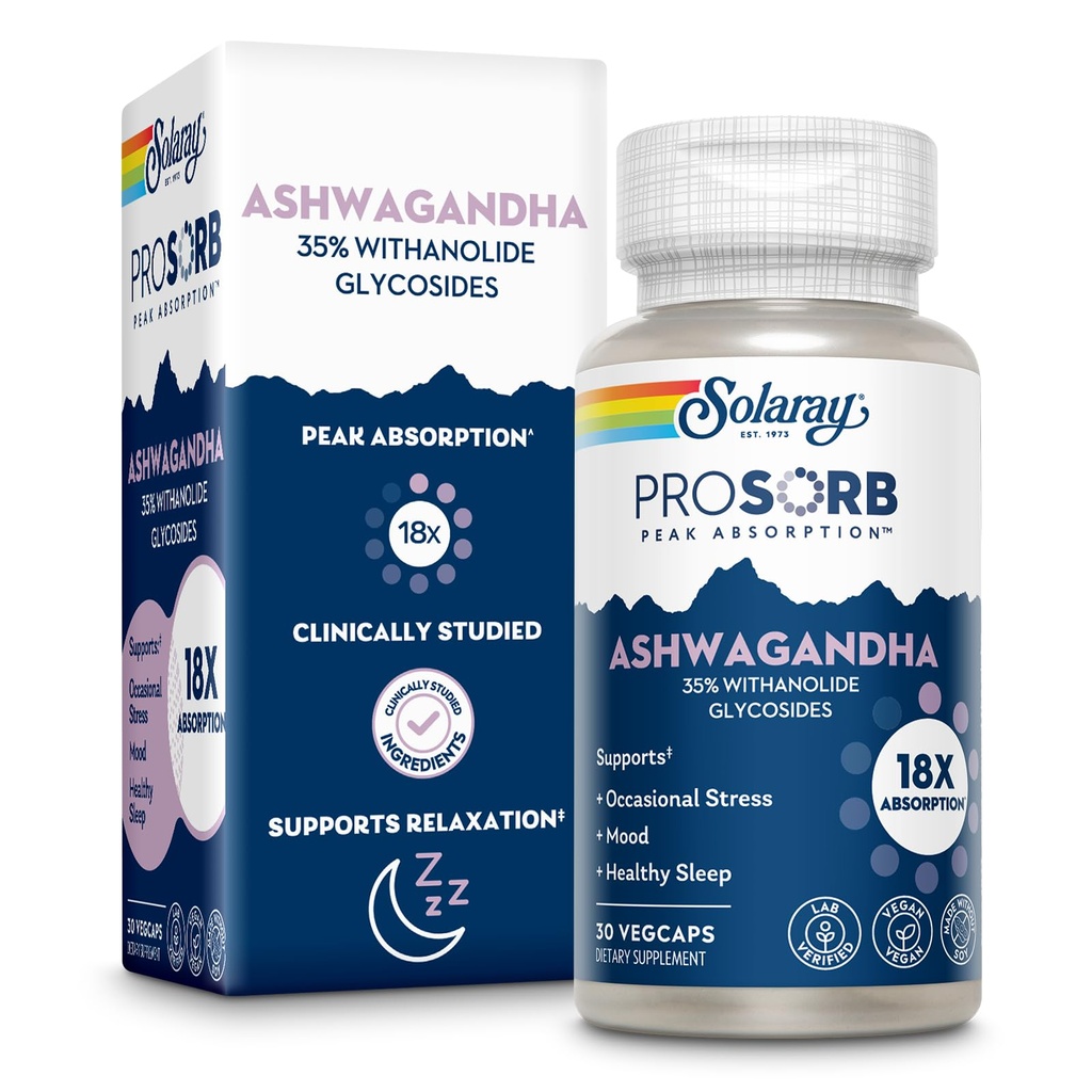 SOLARAY Ashwagandhaカプセル18X吸収 - Ashwagandhaの根および葉のエキス240のmg - 機会応急処置および気分のサポートの補足 - ビーガン、60日の保証 - 30のサービング、30のVegeCaps