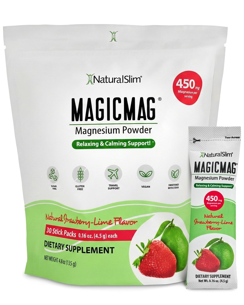 ナチュラルスリムマジック マグネシウム パケット 30 スティック パック マグネシウム クエン酸塩 パウダー – ストレス, 便秘, 筋肉, 心の健康, 睡眠サポート | ナチュラル イチゴ & ライム 風味のマグネシウム サプリメント