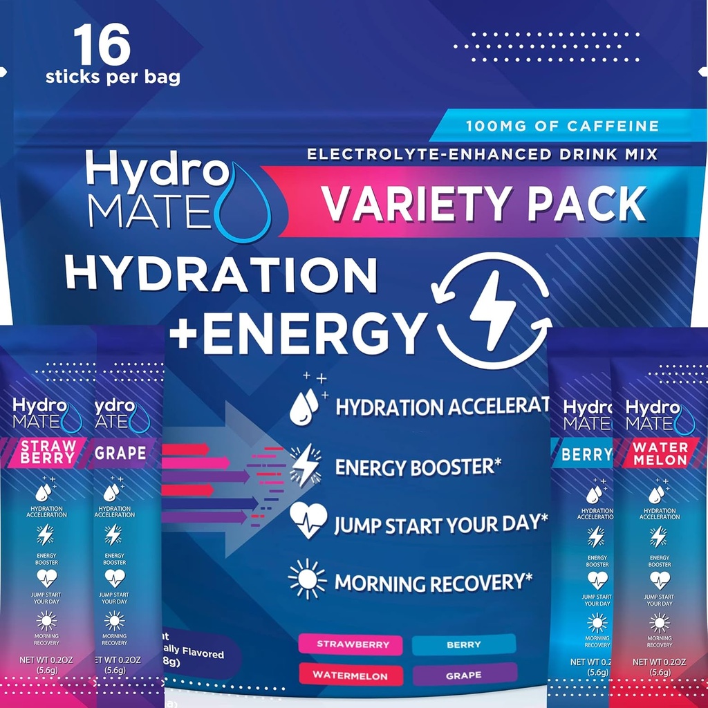 HydroMATEの電解物の粉の飲み物の組合せのパケットのHydrationの加速器急速な回復ビタミンCプラスのカフェインのバラエティ パック16の棒のための低い砂糖党好み
