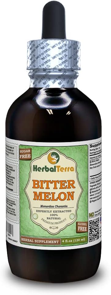 Bitter Melon (Momordica Charantia) Glycerite, Organic Dried Fruit Alcohol-Free Liquid Extract (Brand Name: HerbalTerra, Proudly Made in USA) 4 fl.oz (120 ml)