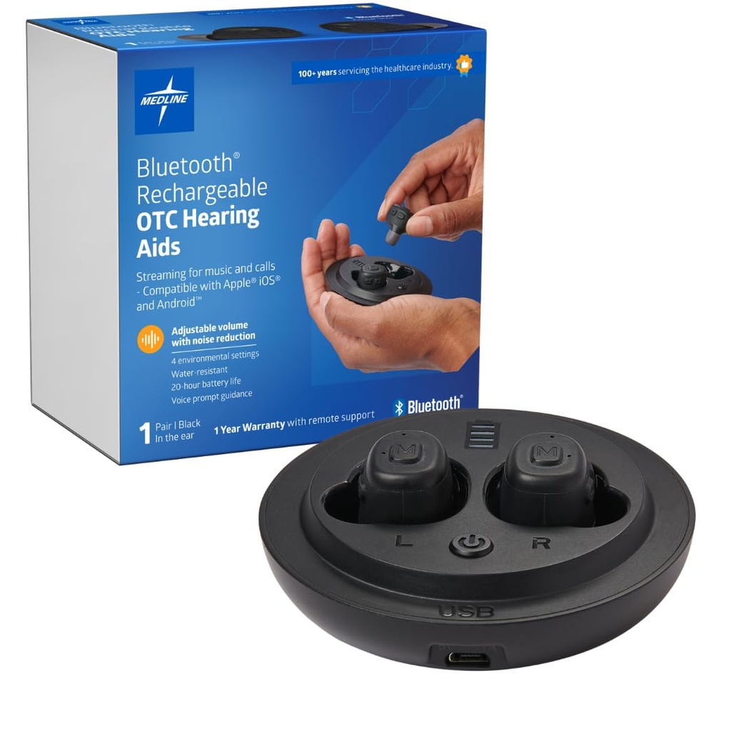 Medline Bluetooth 充電式 OTC 補聴器、内部-The-Ear、4 環境設定、防水性、調整可能なボリューム、適度な難聴、騒音低減、イヤホン補聴器