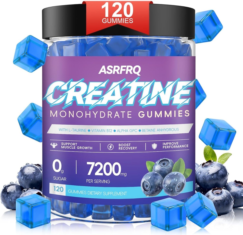 Creatine Monohydrate Gummies for Men & Women 120 CT - 7200mg of Creatine Monohydrate per Serving, Chewable Creatine Monohydrate for Muscle Support & Energy Boost, Sugar Free, Vegan (BlueberryFlavor)