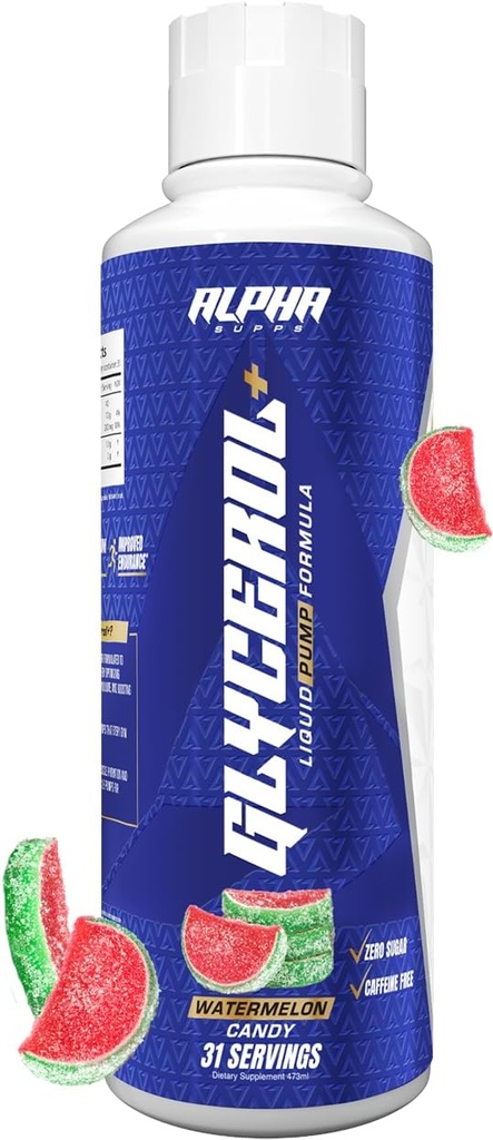 Alpha Supps Glycerol+ Liquid Pump Formula - Stim-Free Liquid Glycerol and Citrulline High-Performance Supplement for Enhanced Muscle Pumps, Hydration, & Endurance (31 Servings, Watermelon Candy)