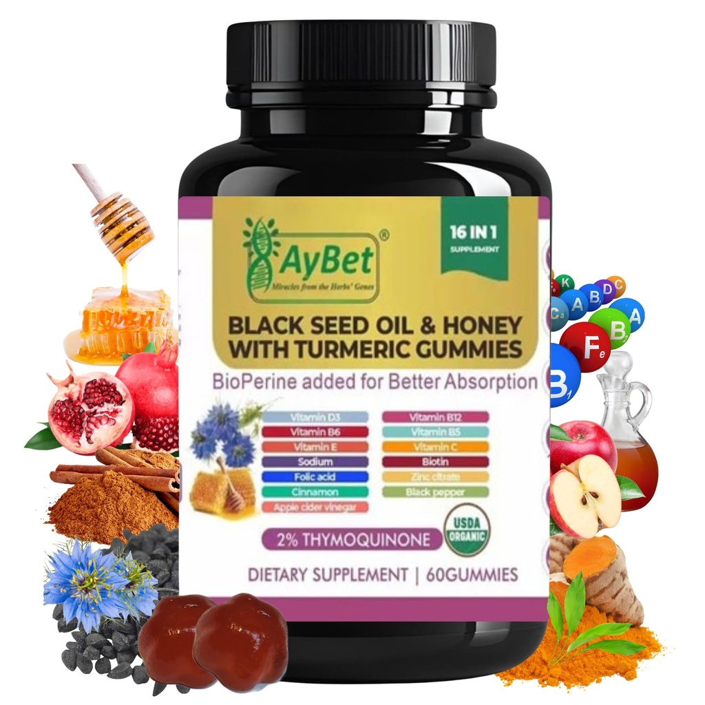 バイオパイン、Apple Cider Vinegar、Biotin、亜鉛&ビタミンC D3 B12のターメリック・グミーとブラックシードオイル&ハニー - 免疫、デトックス、エネルギー&ヘアスキンネイルサポート - 60ビーガン、ハラール、オーガニックグミ