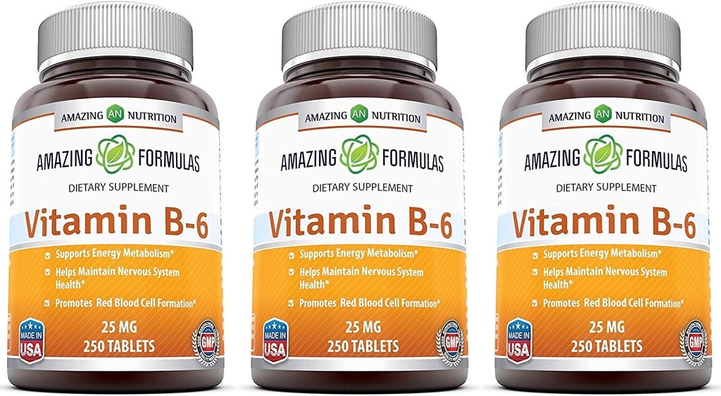 アメイジングフォーミュラビタミンB6ピリドキシン25mg 250錠サプリメント | 非GMO | グルテンフリー | アメリカ製(3パック)