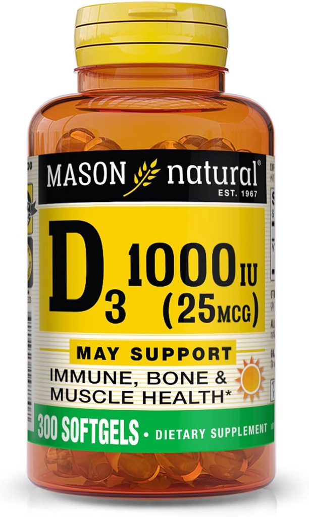 MASON NATURALビタミンD3 25 mcg(1000 IU)は、全体的な健康を支え、魚の肝臓オイル、300のSoftgelsからの骨そして筋肉を増強します