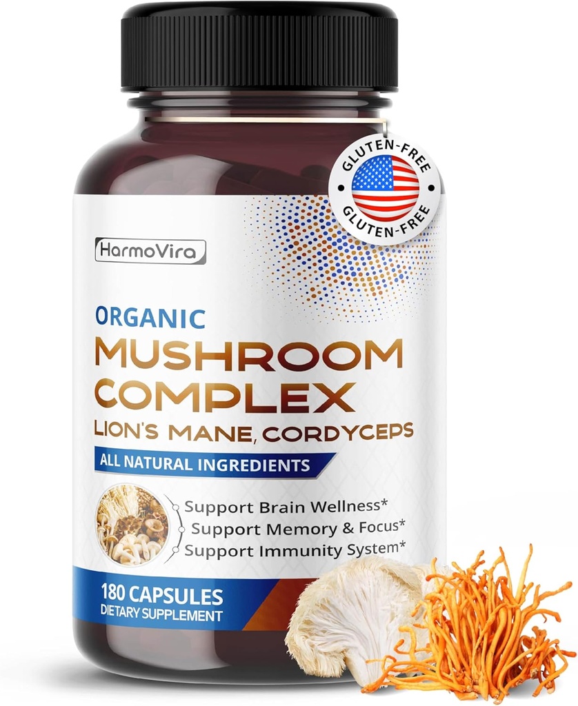 Organic Mushroom Complex with Lion's Mane, Cordyceps & Turkey Tail – Brain, Memory & Immune Support – 180 Capsules (6-Month Supply)