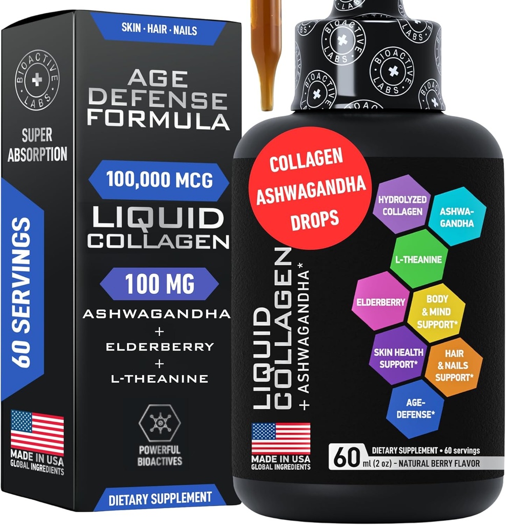 Liquid Collagen for Women and Men with Calming Ashwagandha - 100,000mcg Bovine Collagen Drink, 100mg Ashwagandha Liquid for Radiant Skin, Hair, Nails, and Immune Support - 2oz Berry Flavor Drops