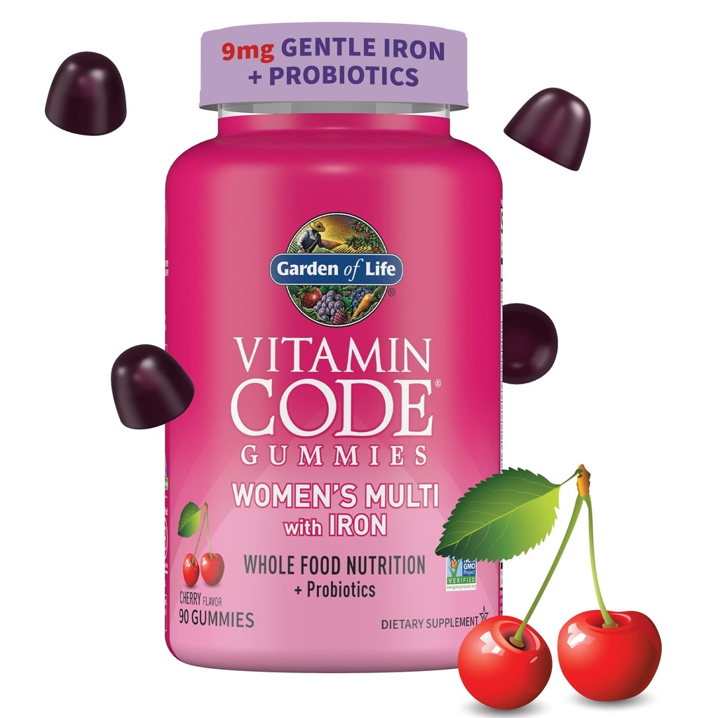 生のビタミンコードの庭 女性のマルチビタミンGummy with Iron: Folate、Biotin、D3&B12 for Hair、皮膚&ネイル+免疫の健康&消化、非GMO、グルテンフリー、90チェリーグミ