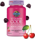 Garden of Life Vitamin Code Women’s Multivitamin Gummy with Iron: Folate, Biotin, D3 & B12 for Hair, Skin & Nails + Probiotics for Immune Health & Digestion, Non-GMO, Gluten-Free, 90 Cherry Gummies