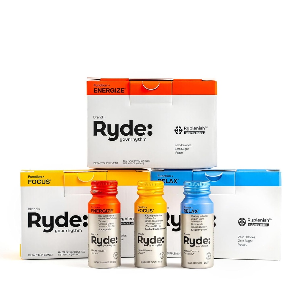 Ryde: ディスカバリーパック | エナジャイゼーション、フォーカス&リラクゼーションショット | グリーンティーカフェイン、タウリン、ジンセン、ビタミンB、ビタミンL-テアニン、レモンバーム、カモミール | 0カロリー、0砂糖 | バラエティパック – 飲み放題(24パック)