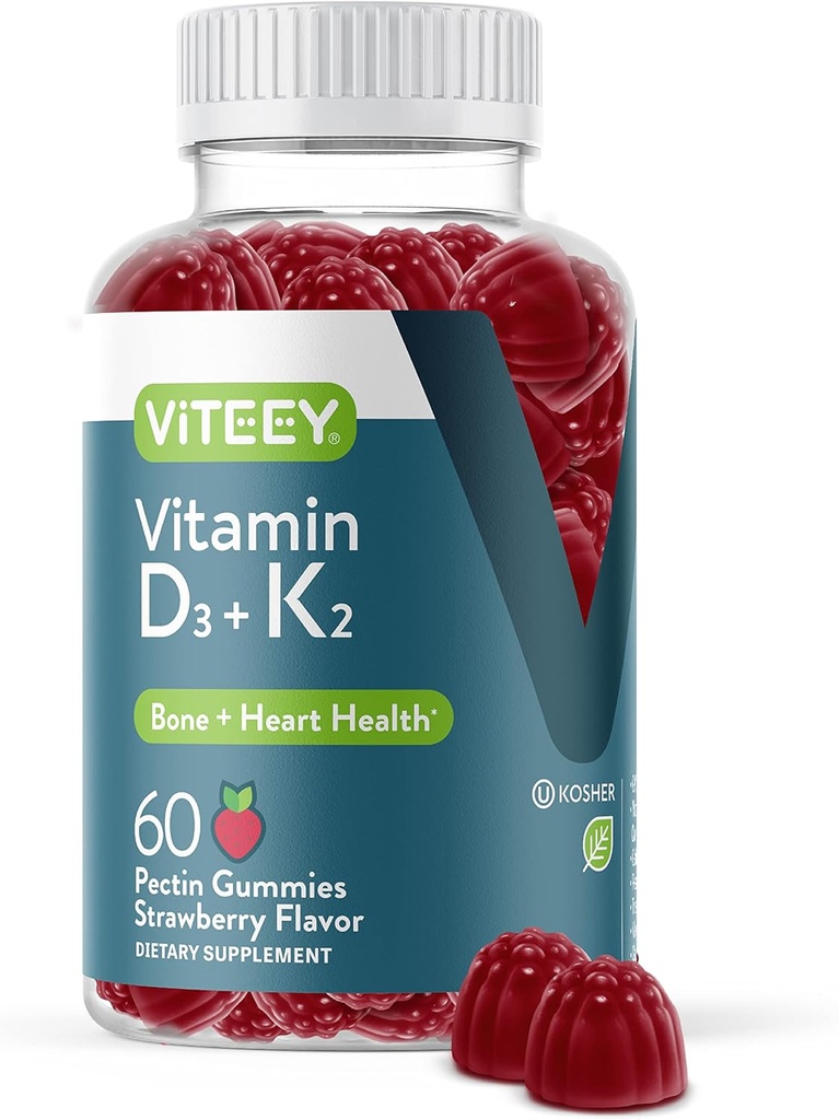 VITEEY Vitamin D3 K2 Gummies - 1000 IU Vitamin D3 and K2 100mcg - Bone & Heart Health for Adults and Teens - Vegetarian, Gelatin Free, GMO Free - Tasty Chewable D3K2 Vitamins Strawberry Flavored Gummy